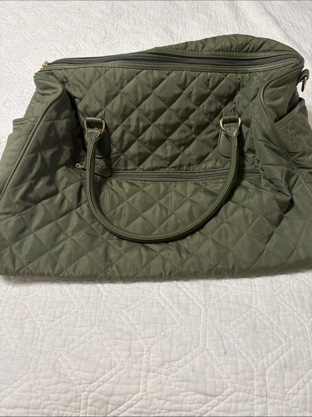 Olive green quilted duffel bag